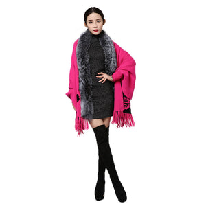 UE FS15729 Real double face Cashmere Wool Shawl Poncho for Women Fox fur Collar