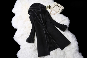 Women's Natural Long Lamb Fur Coat Double Faced Fur Coat with Fur Hood