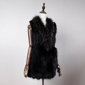 Women's Natural Fur Vest Rabbit Fur Knitted with Raccoon Collar 162100