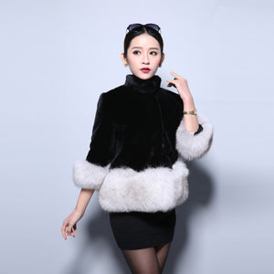 Natural Lamb Fur Jacket Coat with Fox Fur Bottom Trim Overcoat