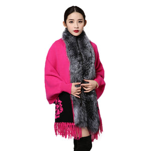 UE FS15729 Real double face Cashmere Wool Shawl Poncho for Women Fox fur Collar