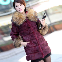 Load image into Gallery viewer, Woman&#39;s  Real Rabbit Fur Coat Raccoon Fur Collar &amp; Cuff Hood Overcoat   010129L