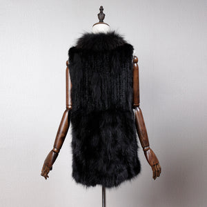 Women's Natural Fur Vest Rabbit Fur Knitted with Raccoon Collar 162100