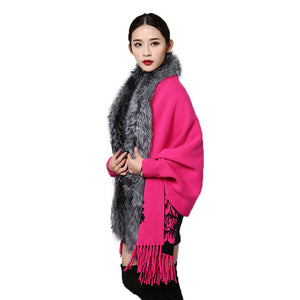 UE FS15729 Real double face Cashmere Wool Shawl Poncho for Women Fox fur Collar