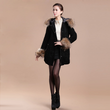 Load image into Gallery viewer, Winter Pig Leather Suede Windbreak with Natural Raccoon Fur Hood Slim Waist Women&#39;s Coats