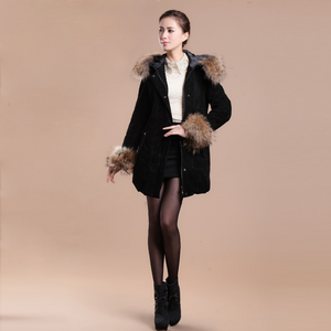 Winter Pig Leather Suede Windbreak with Natural Raccoon Fur Hood Slim Waist Women's Coats