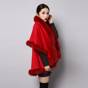 UE FS15726 Double face wool Cashmere Shawl Poncho for Women Fox fur Collar and Trim