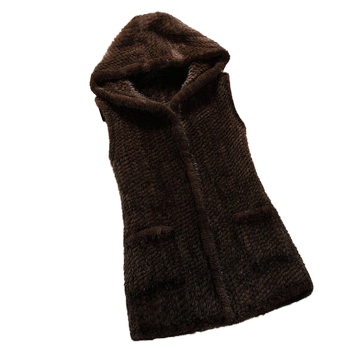 Women's Genuine Knitted Mink Fur Vest  Pocket Hoodie Jacket Plus Size 16295