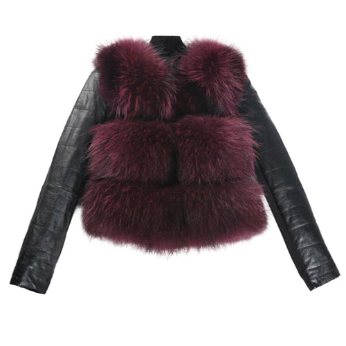Natural Raccoon Fur Genuine Leather Jacket Women's Real Fur Coat  16146