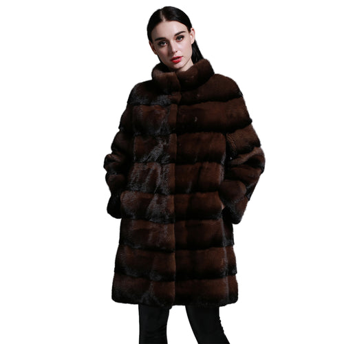 Women's Genuine Mink Fur Coat Long Sleeve Striped Brown Color Outerwear 161206