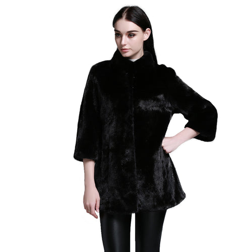 Women's Genuine Mink Fur Coat Women Pure Black Color Outerwear 161205
