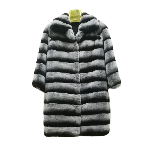 Women's Rabbit Fur Coat Chinchilla Color Turn-down Collar Overcoat 16190