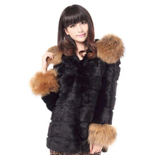 Load image into Gallery viewer, Woman&#39;s  Real Rabbit Fur Coat Raccoon Fur Collar &amp; Cuff Hood Overcoat   010129L