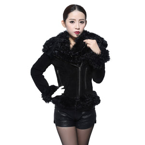 Real leather suede jacket for women lamb fur collar and sleeve cuff 14161