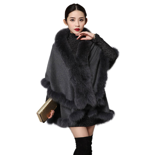 UE FS15726 Double face wool Cashmere Shawl Poncho for Women Fox fur Collar and Trim