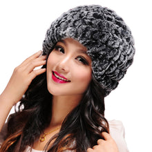 Load image into Gallery viewer, Women Knitted Real REX Rabbit Fur Hat Skullies Beanie Headgear 060108