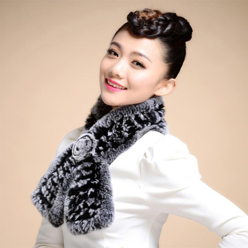 Women's Rex Rabbit Fur Scarf Ladies Flowers Crochet Winter Warm Knitted Fashion Scarf Scarves for Women