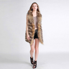 Load image into Gallery viewer, Natural Knitted Rabbit Fur Vest Raccoon Fur Collar Placket Strips Waistcoat 13202