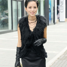 Load image into Gallery viewer, Natural Rabbit Fur Vest with Lamb Wool Fur Collar Hand Knit Vest Coat Jacket Shawl 6colors
