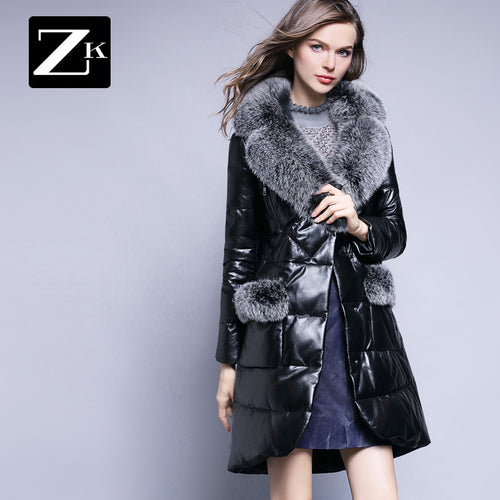 UE FS17L25 Genuine sheep leather down overcoat coat for women big natural fox fur collar and pocket lid decoration