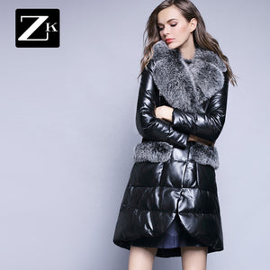 UE FS17L25 Genuine sheep leather down overcoat coat for women big natural fox fur collar and pocket lid decoration