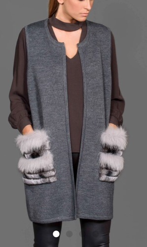 UE FS18222 Women' double Face Wool Vest Cashmere Fox Fur decorative