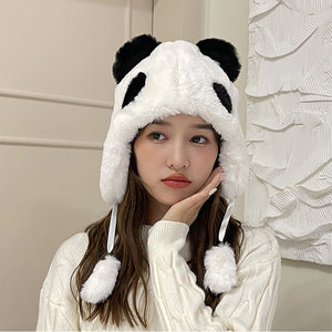 Winter Trapper Caps Cute Panda Bear Bobble Hats Plush Animal Helmet Cap 22629