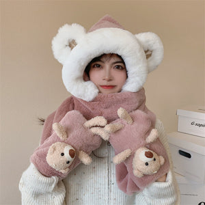 Winter Warm Women Hoodie Hat Scarf Gloves Set Soft Plush Thick Warm Hat 22630