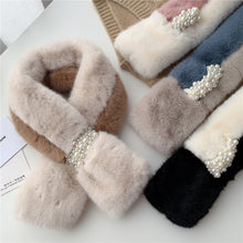 Load image into Gallery viewer, Girls autumn and winter pearl two-color stitching cross plush scarf 22506