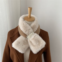 Load image into Gallery viewer, Girls autumn and winter pearl two-color stitching cross plush scarf 22506