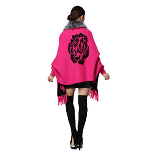 UE FS15729 Real double face Cashmere Wool Shawl Poncho for Women Fox fur Collar