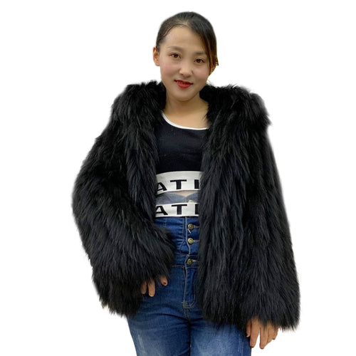 Women Stripe Hooded Medium Length White Raccoon Fur Coat 21120