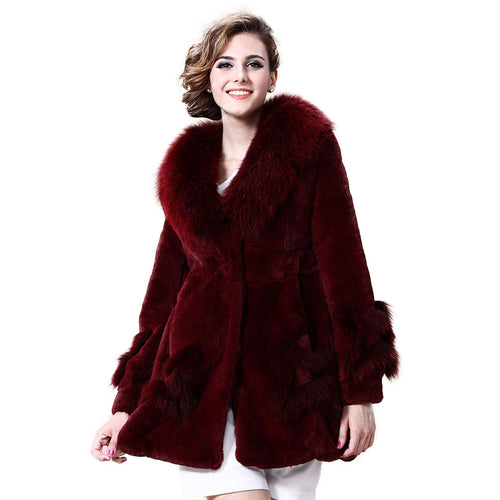 Coats for Women REX Rabbit Fur Coat Fox Fur Collar Jacket Overcoat 010105
