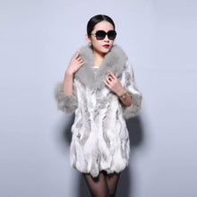 Load image into Gallery viewer, Real Rabbit Fur Coat with Raccoon Fur Collar and Cuff Jacket Overcoat  010130