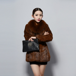 Natural Rabbit Fur Coat Fox Fur Collar Super Slim Waist Women Jacket Winter Overcoat