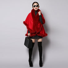 Load image into Gallery viewer, UE FS15726 Double face wool Cashmere Shawl Poncho for Women Fox fur Collar and Trim