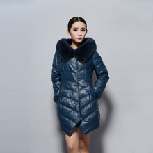 Load image into Gallery viewer, Women&#39;s Genuine Leather Coat with Fox Fur Hood Trim Winter Invisible Zipper Design Leather Down Coat 14156