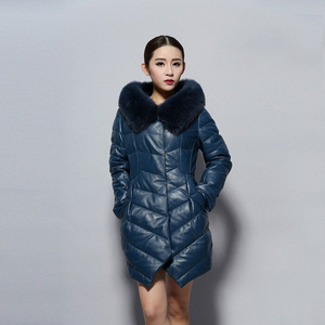 Women's Genuine Leather Coat with Fox Fur Hood Trim Winter Invisible Zipper Design Leather Down Coat 14156