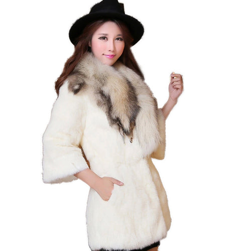 Natural Rabbit Fur Coat Jacket Real Raccoon Dog Fur Collar Trim Thick Jacket