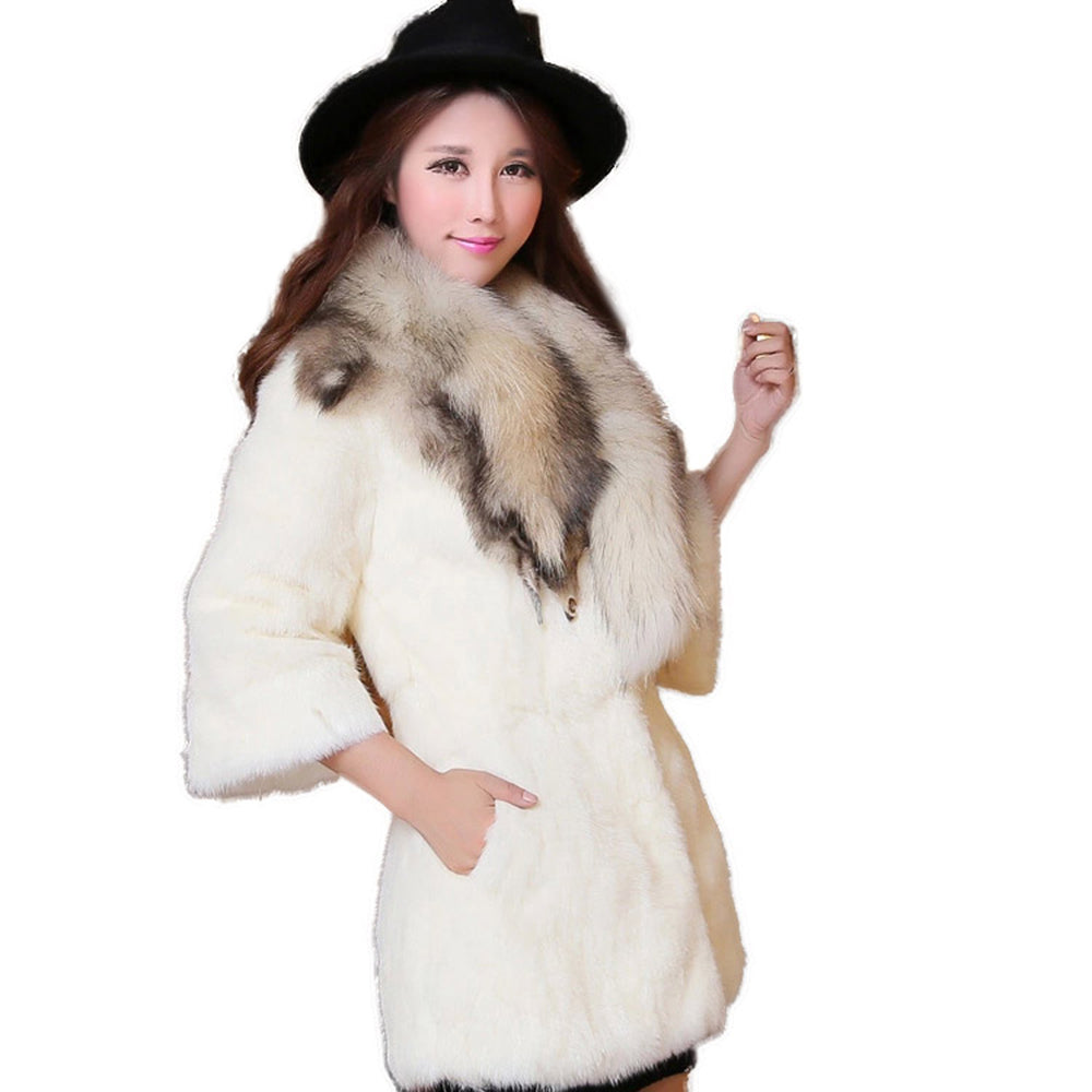 Natural Rabbit Fur Coat Jacket Real Raccoon Dog Fur Collar Trim Thick Jacket