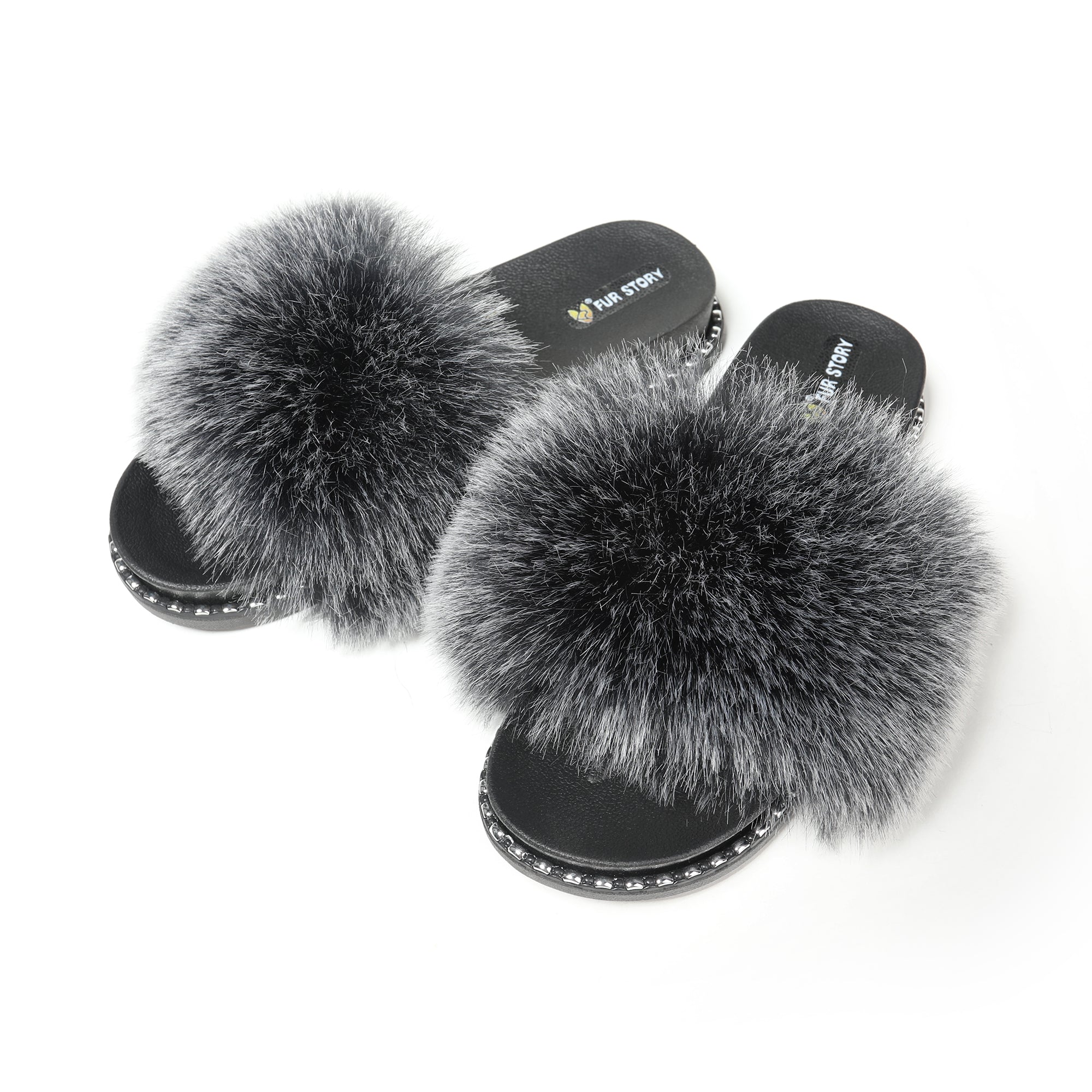 FS19S10 Faux Fur Slides Furry Slipper Sandals Rivet Fur Story