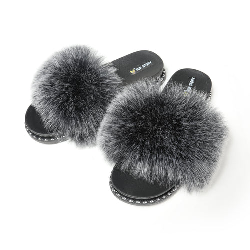 FS19S10 Faux Fur Slides Furry Slipper Sandals (Rivet)
