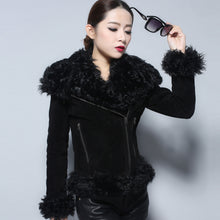 Load image into Gallery viewer, Real leather suede jacket for women lamb fur collar and sleeve cuff 14161