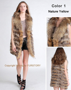 Natural Knitted Rabbit Fur Vest Raccoon Fur Collar Placket Strips Waistcoat 13202