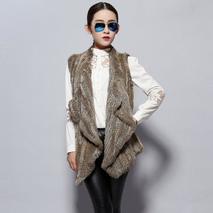 Women's Knitted Real Rabbit Fur Vest Europe Latest Style Long Vest Waistcoat Jacket