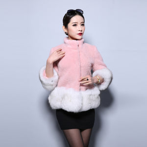 Natural Lamb Fur Jacket Coat with Fox Fur Bottom Trim Overcoat