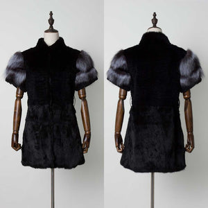 Women's Genuine Rabbit Fur Coat with Fox Fur Cuffs Warm Winter Coat 17215