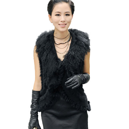 Natural Rabbit Fur Vest with Lamb Wool Fur Collar Hand Knit Vest Coat Jacket Shawl 6colors