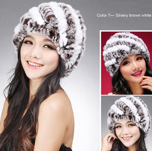 Women Knitted Real REX Rabbit Fur Hat Skullies Beanie Headgear 060108