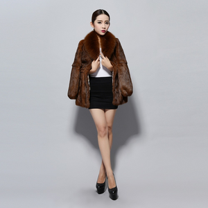Natural Rabbit Fur Coat Fox Fur Collar Super Slim Waist Women Jacket Winter Overcoat